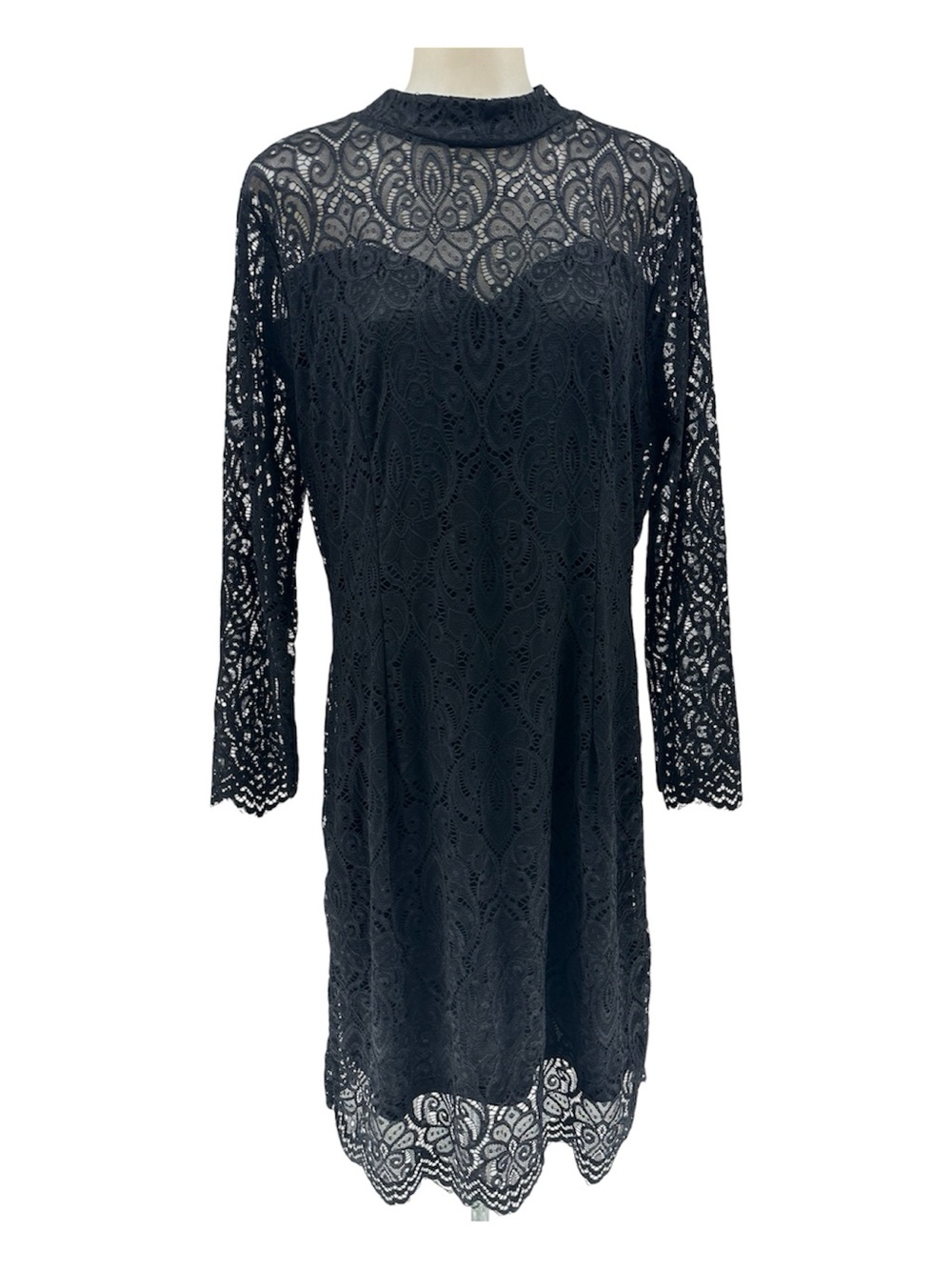 Noctflos Women's Black Lace Overlay Long Sleeve Shift Dress XXL Elegant